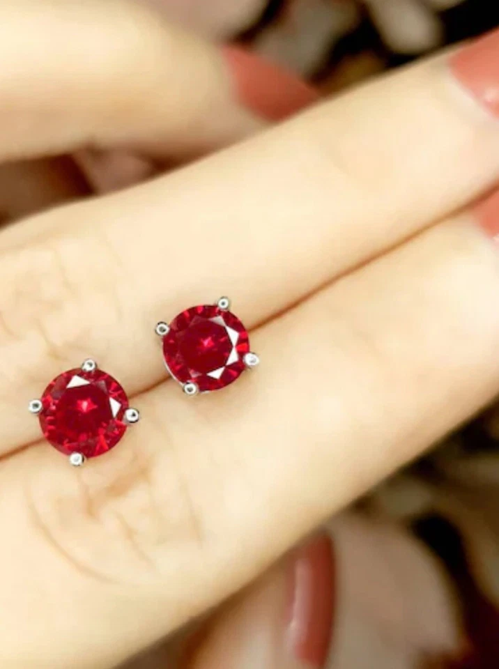 4 CT LAB CREATED RED RUBY STUD EARRINGS 14K WHITE GOLD ROUND CUT 7MM PUSH BACK - Image 2 of 4