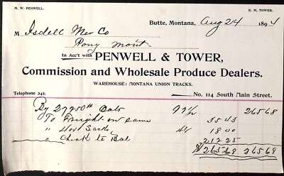 1894 Penwell & Tower Commission Wholesale Produce Dealers Billhead BUTTE MT