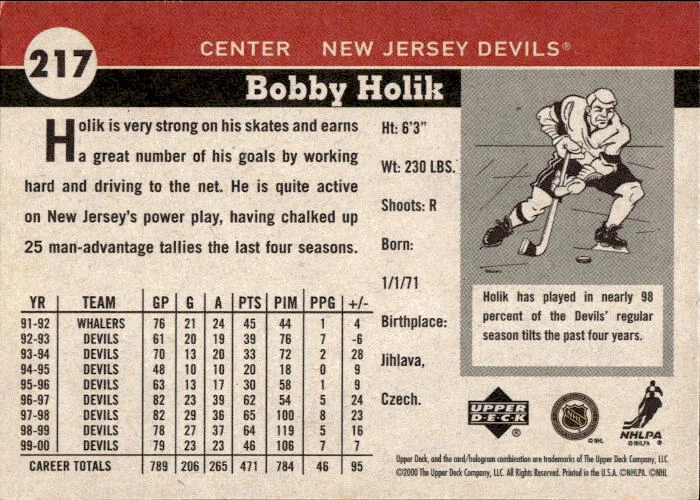 Bobby Holik 2000 Upper Deck Vintage #217 New Jersey Devils - Image 2 of 2