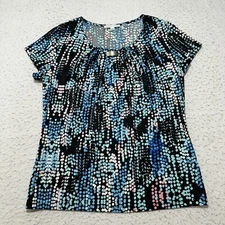 Notations Women's Small Short Sleeve Crewneck T Shirt Blue Black Blouse Top