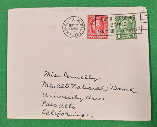 Franklin 1 c green and Washington 2 c red Postmarked 1938 circa Hawaii - Picture 2 of 4