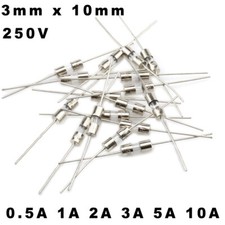 3mm x 10mm Foot Lead Glass Fuses - 250V,0.5A-10A Axial Leads -Fast Fuse Solution