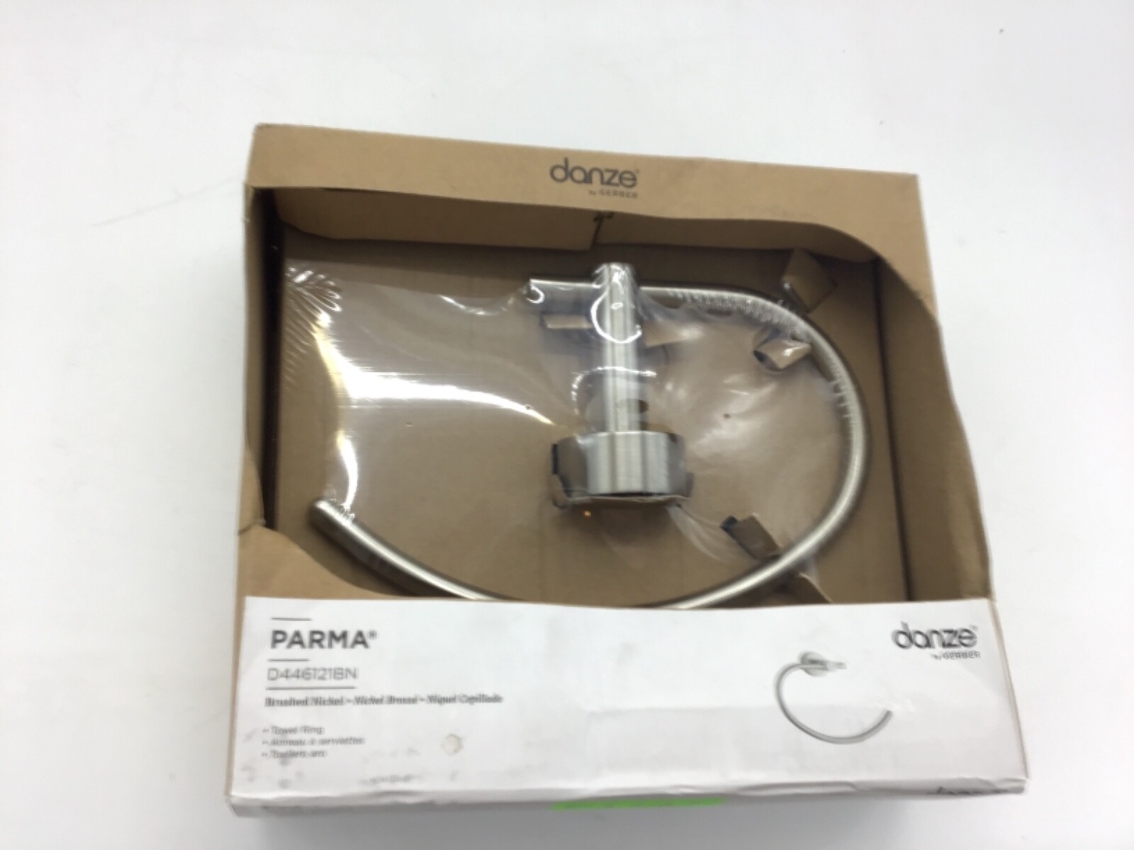 DANZE D446121BN PARMA OPEN ENDED TOWEL RACK, BRUSHED NICKEL, WALL MOUNTED, NIB