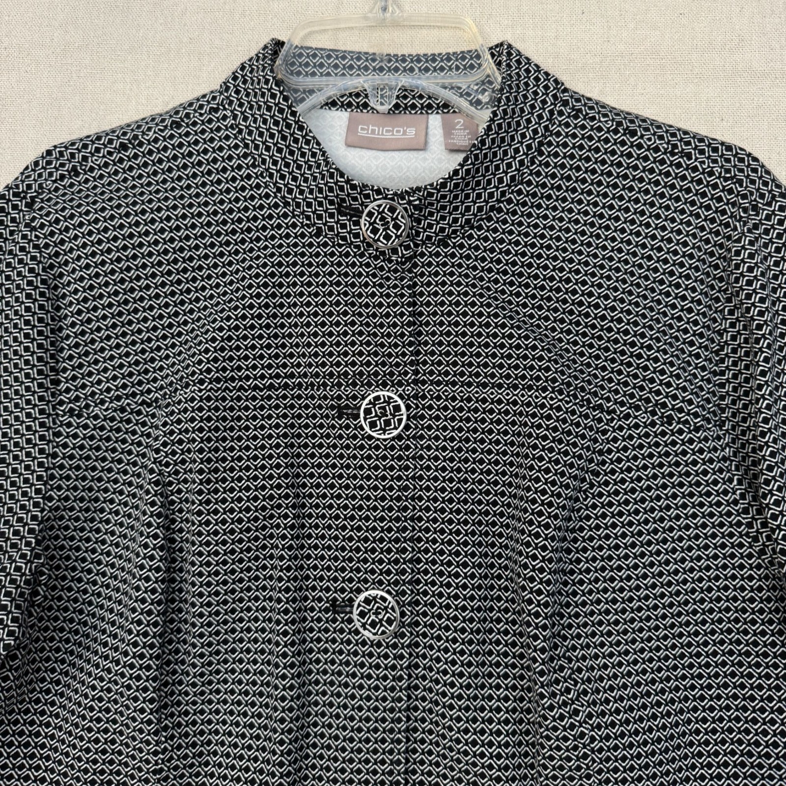 Chico’s Button-Up Jacket Geometric Pattern Ruched… - image 3