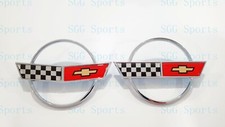 2pc 1984-1996 C4 Corvette Chrome Red Front Nose Hood Rear Lid Cross Flags Emblem