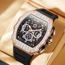 Men Luxury Watch Iced Bling Sports Baguette Stone Silicone Band Hip Hop Fashion