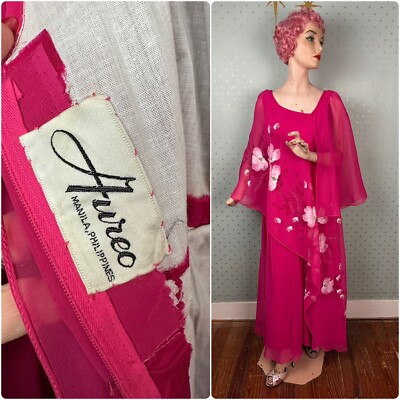 Rare Vintage 60s Aureo Alonzo Haute Couture Hand Painted Gown Dress Small To S/M