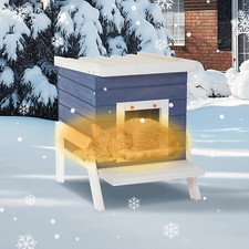 Cat House Outdoor, Insulated High Feet  Feeding Station Door Curtain, Wood out