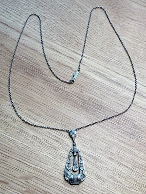 Art Deco Weißgold 585 Diamant ca. 0,25 Collier Kette mit Kastenschloss ca. 1920  - Bild 1 von 4