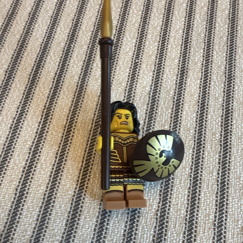 LEGO Minifigure w/ Spear & Round Shield, Brown Armor Outfit, Black Hair