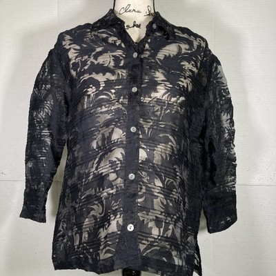 Whimsy Goth Women s Sz L Black Bum Out Button Down Blouse 3/4 Sleeve