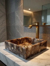 Fregadero de lavabo de piedra de cuarzo ahumado | Interior de lavabo de baño de cristal natural