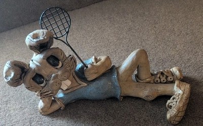 Hindt Clay Pottery Lounging Bunny Rabbit Sneakers tennis racket Signed Sculpture