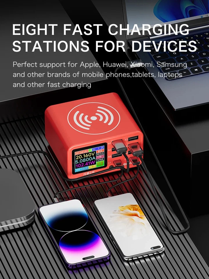 320W 8 Port USB Charger Station QC3.0 USB-C PD Wireless Fast Charging - Image 2 of 4