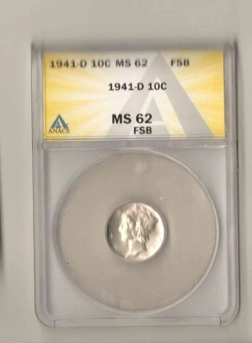 Estate Vintage a Gem Anacs Slabbed MS 62 FSB Silver 1941 - D  Mercury dime Coin!