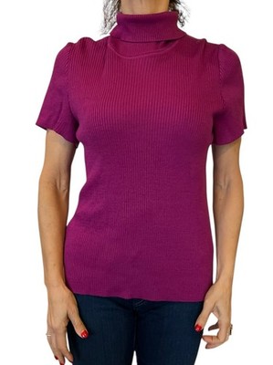 St. John Womens Purple Wool Rib Knit Pullover Turtleneck Short Sleeve Sweater L