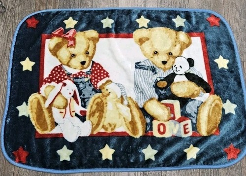 Blue Jean Teddy Bear Plush Fleece Baby Blanket Throw Bunny Panda Stars Vintage - Picture 1 of 6