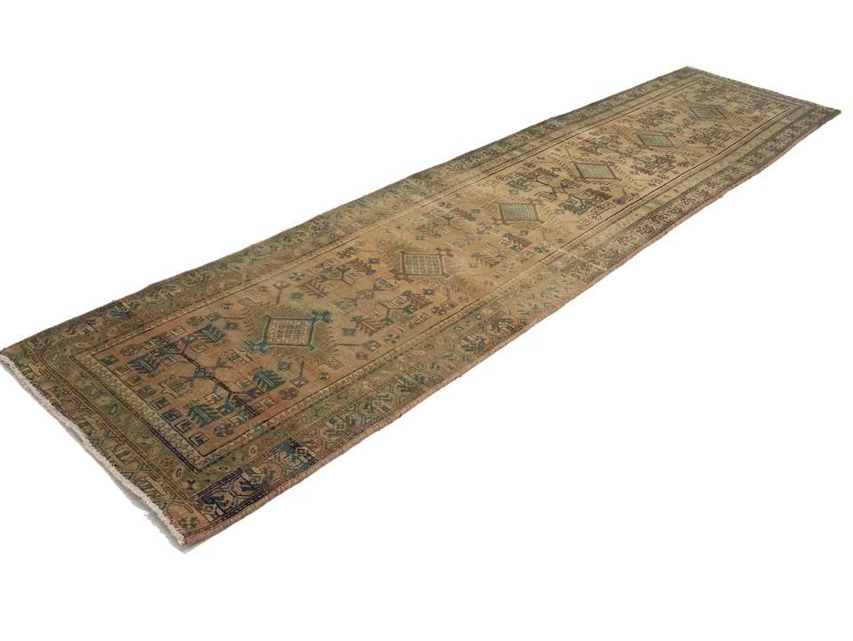 Alfombra de corredor oriental de lana semiantigua alfombra de diseño tribal geométrico 3X14 pies Foto 4 de 4