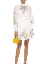 Zimmermann Zinnia Shirred Dress Size 0 8AU/UK-US2 Mini White Floral Sleeves