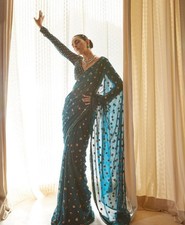 Bollywood Designer Exclusive Green Color Georgette Sequence Box Embroidered Sari