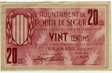 # SPAIN CIVIL WAR 1937 • POBLA SEGUR 20c MUNICIPAL ☆ GUERRA CIVIL ESPAÑOLA☆D1611