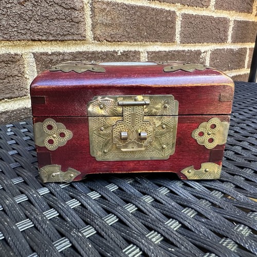 Vintage Chinese wood Jewelry Box w/Brass accents Iaid Blur silk lining - Picture 3 of 13
