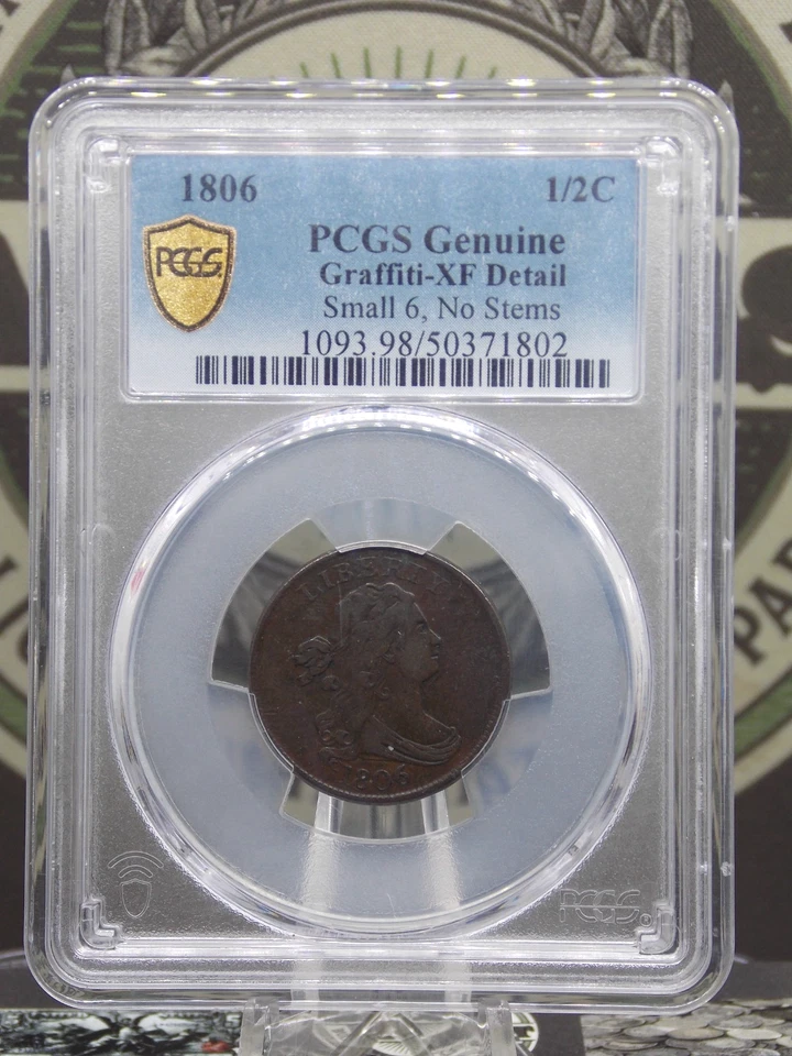 1806 Драпированный бюст половина цента * маленький 6 без стержня * 1/2c PCGS XF детали #802 экстра тонкий - Изображение 3 из 4