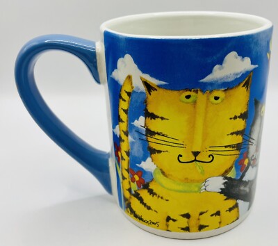 2010 Debi Hron 4 cool cats w/birds & Flowers Tea Coffee Mug Cats & Birds