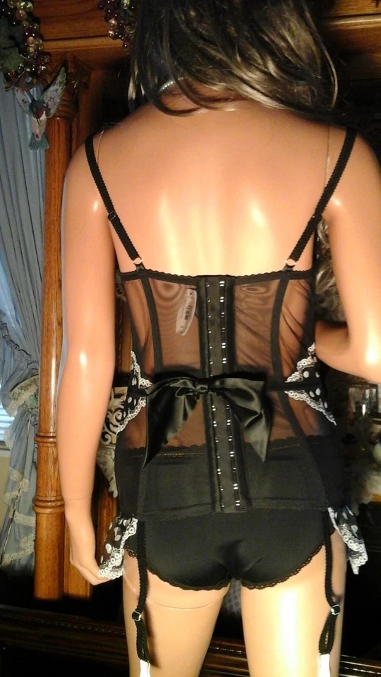 Nuevo con etiquetas Victorias Secret 36D Sexy Negro Blanco Lunares Corsé Liguero Bustier 36 D Foto 3 de 4