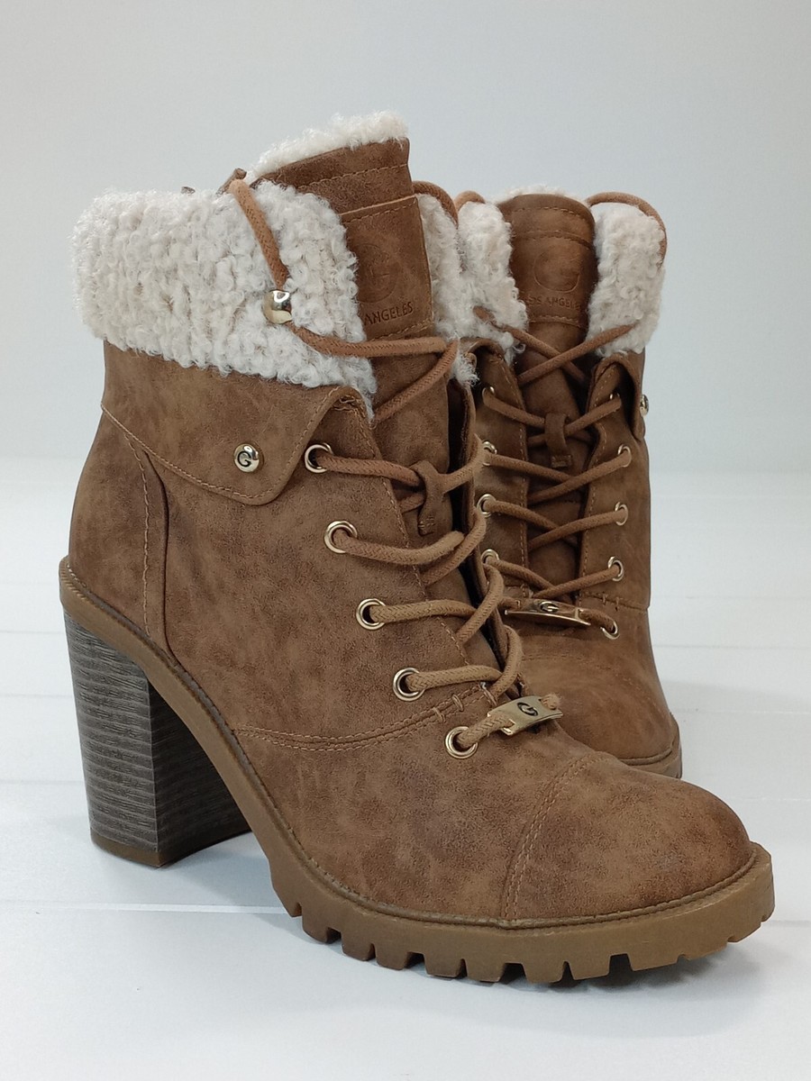 GBG Boots Sz Brown 3/4 in Heel Lace Up Chunky Sherpa Women Booties