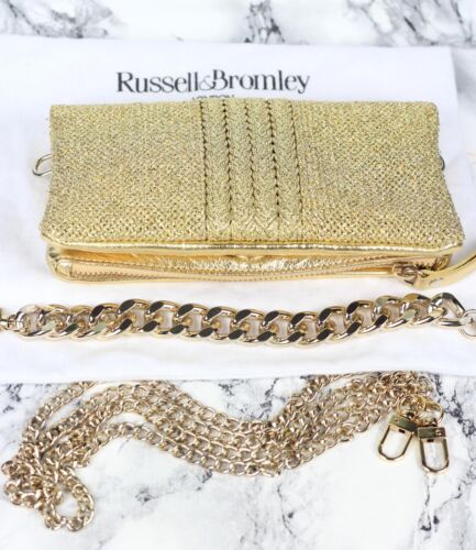 Russell & Bromley Złota kopertówka na ramię z paskami na łańcuszek - Zdjęcie 1 z 19