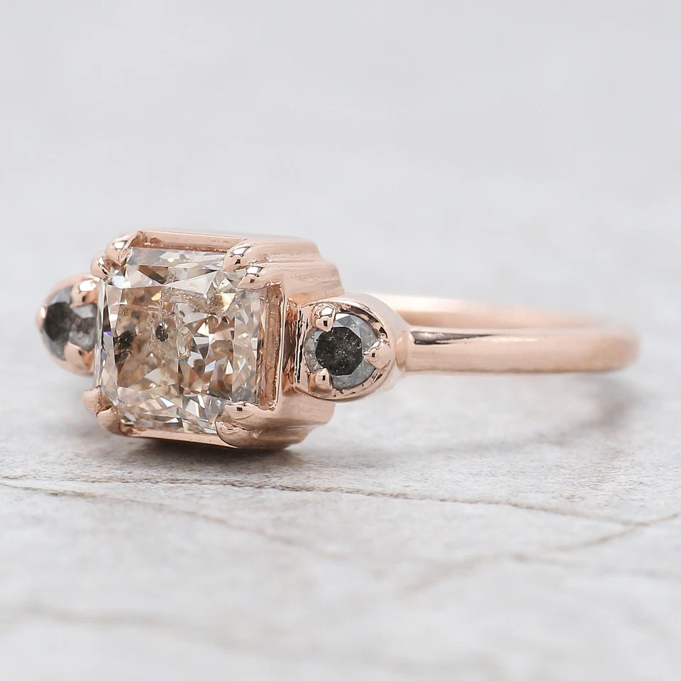 1.43 Ct Radiant Salt And Pepper Diamond Ring 14K Rose Gold Engagement Gift Ring - Image 2 of 4