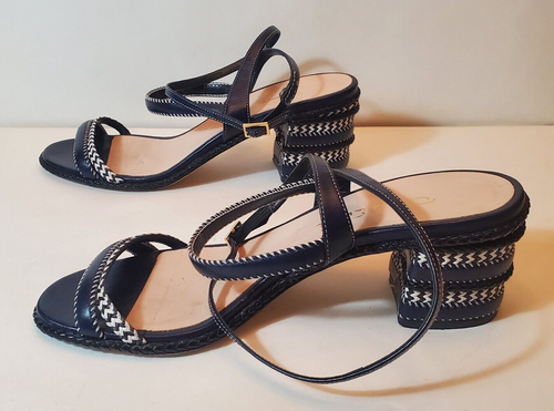 Oscar de la Renta Strappy Low Block Heel Sandals Navy with Black Braid Sz 38.5 - Picture 6 of 11