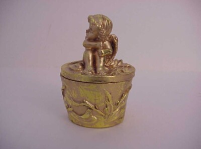 1997 Gold Round Trinket Box with Angel Figurine ~ Never Used