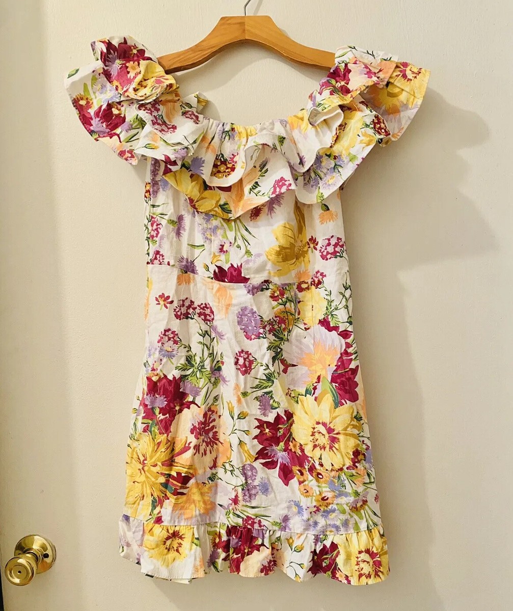 ★E.B.M★ Linen off-shoulder ruffle dress EMO6WOP110 H&M Flounced XS Linen Off-the-shoulder Dress NEW Floral