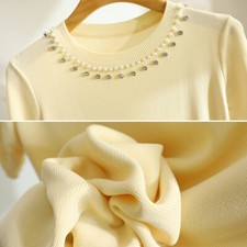 Knitted T-shirt Women Top Solid Summer Short Sleeve Beading Casual Thin Tops