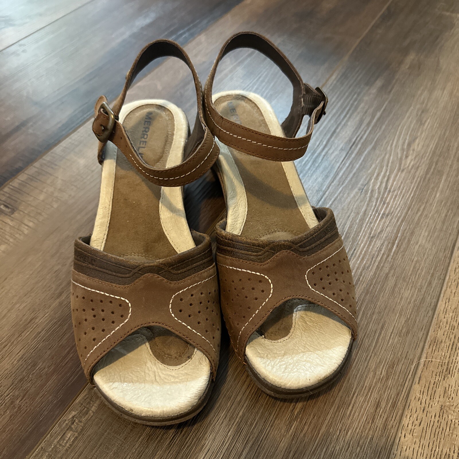 MERRELL Luxe Strap sandali caffè caviglie cinturino tacco donna misura 8 pelle marrone