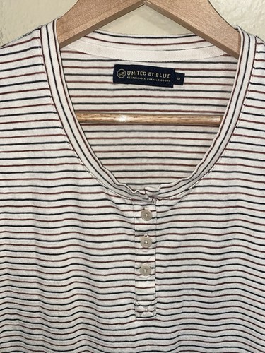 United By Blue Striped Henley Tee Shirt Damen Gr. M Creme Rot Schwarz Hanf Baumwolle - Bild 2 von 7