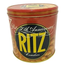 Round Nabisco Ritz Crackers 50th Anniversary Tin Red Vintage 80s Kitchen Decor