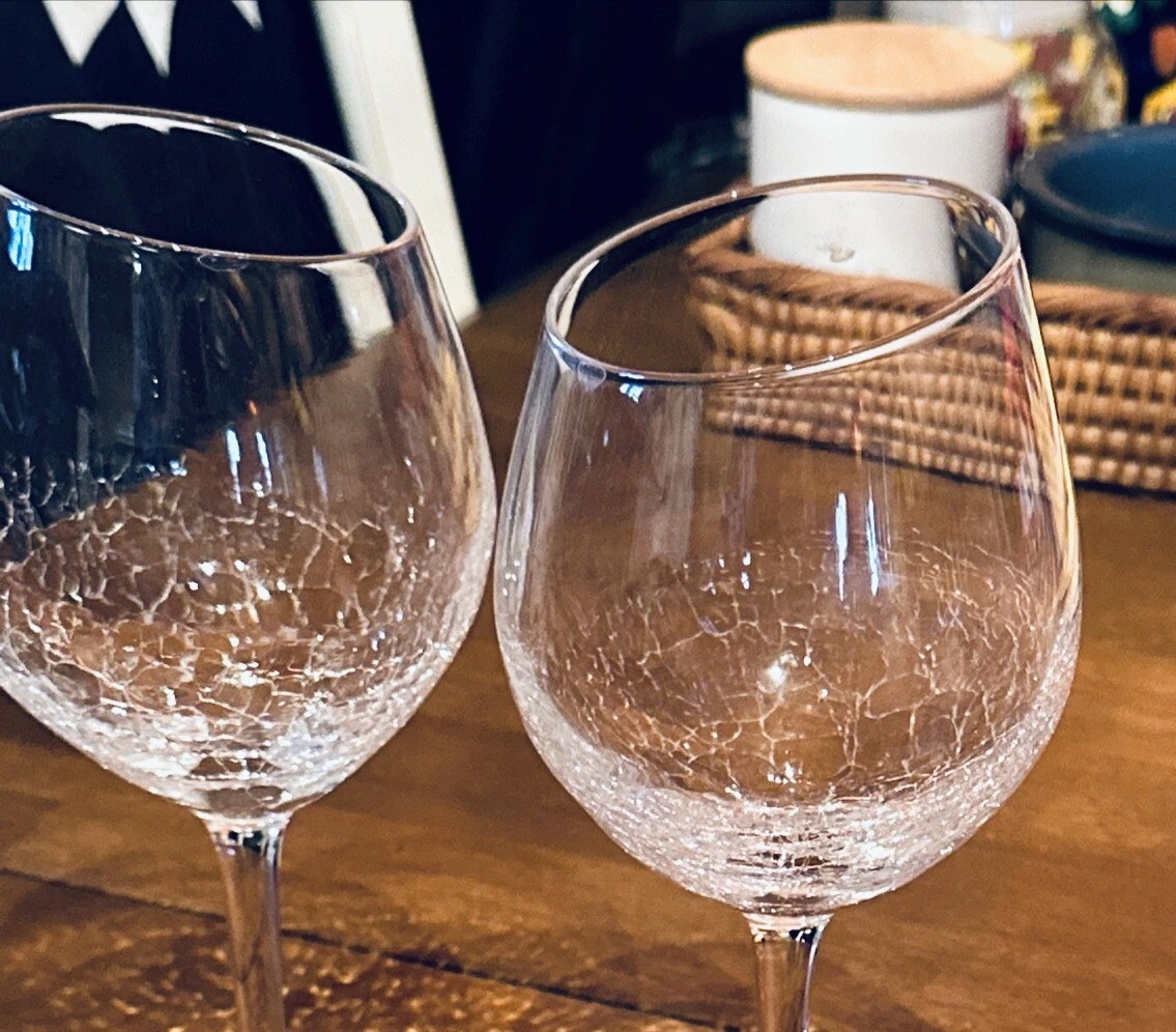 2 Pier 1 Clear Crackle Balloon Red Wine Glass Goblet Angled Slanted Rim 8  5/8