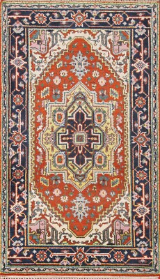 Geometric Rust/ Navy Blue Heriz Serapi Area Rug 3'x6' Wool Hand-knotted Carpet