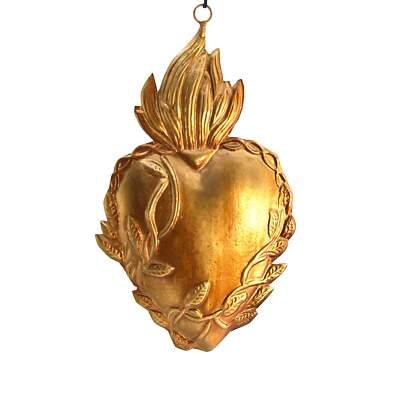 7'' Sacred Heart Ex Voto with Vines, Antiqued Gold Milagro Ornament
