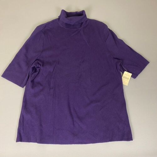 Coldwater Creek Silk Turtleneck Sweater Plus 1X Purple Ribbed 3/4 Sleeve NWT