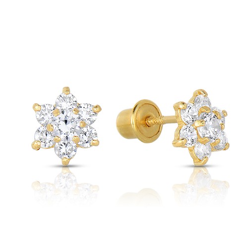 14K Real Solid Gold Flower Halo Birthstone CZ Sleeper Studs Earrings Screw-back - Picture 12 of 20