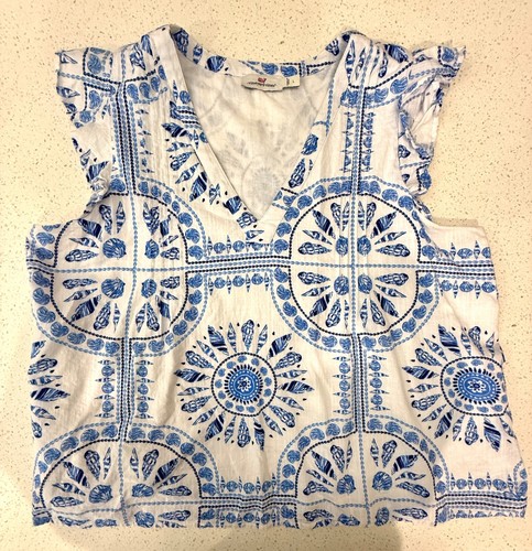 VINEYARD VINES MUSCHELN GEFÜTTERT BLAU WEISS DRUCK TOP LARGE ÄRMELLOS RÜSCHEN