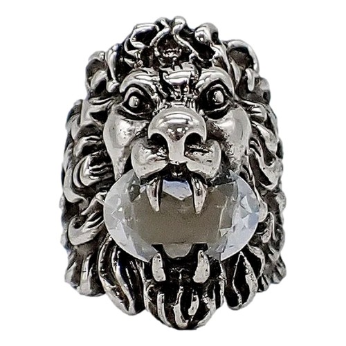 Gucci Lion Head Motif Silver Ring Crystal Size 16 NEW