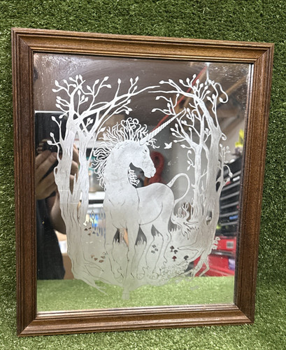Vintage 1980's Etched White Unicorn On Framed Mirror 11.5”x13.5”