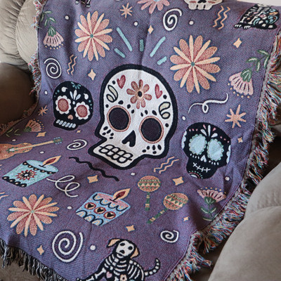 Day of the Dead Woven Throw Blanket 37x52 Sugar Skull 100% Cotton Tapestry Style