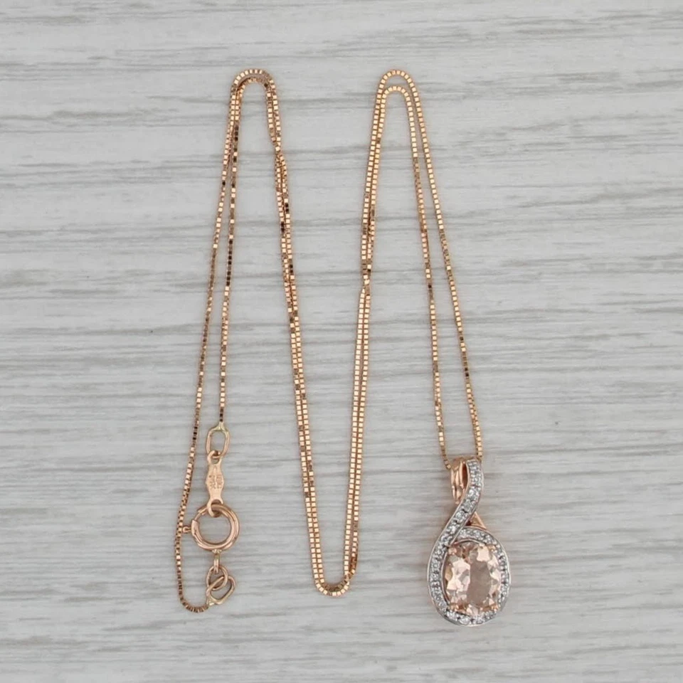 Collar colgante con halo de diamantes de morganita de 1,18 quilates de oro rosa de 14 k cadena de caja de 18,25" Foto 3 de 4