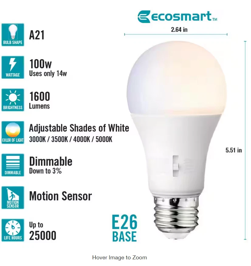 NEW EcoSmart 1006 778 611 LED Motion Sensor Light Bulb A21 5CCT 1600LM Free Ship - Image 2 of 4